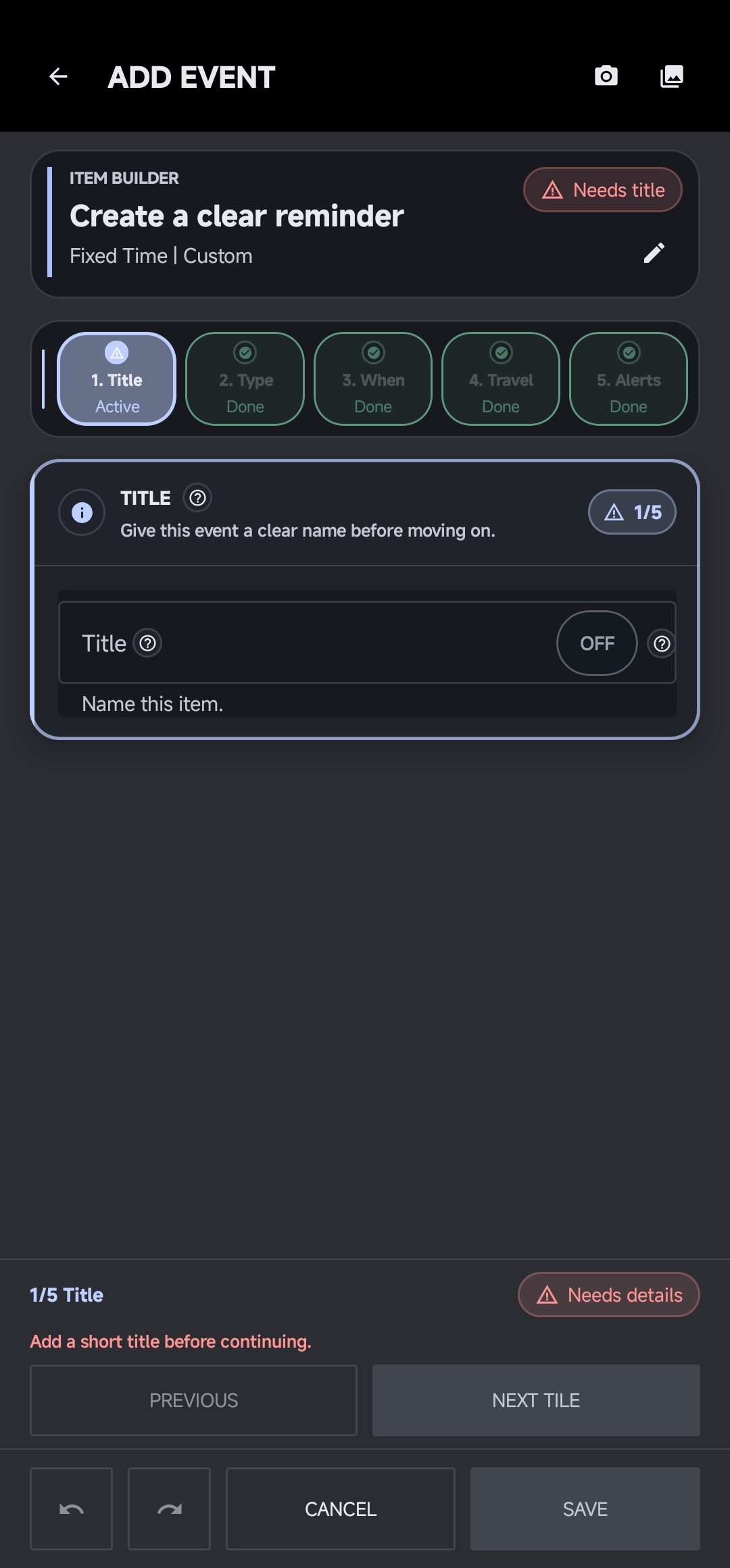 ChronoQ add event screen