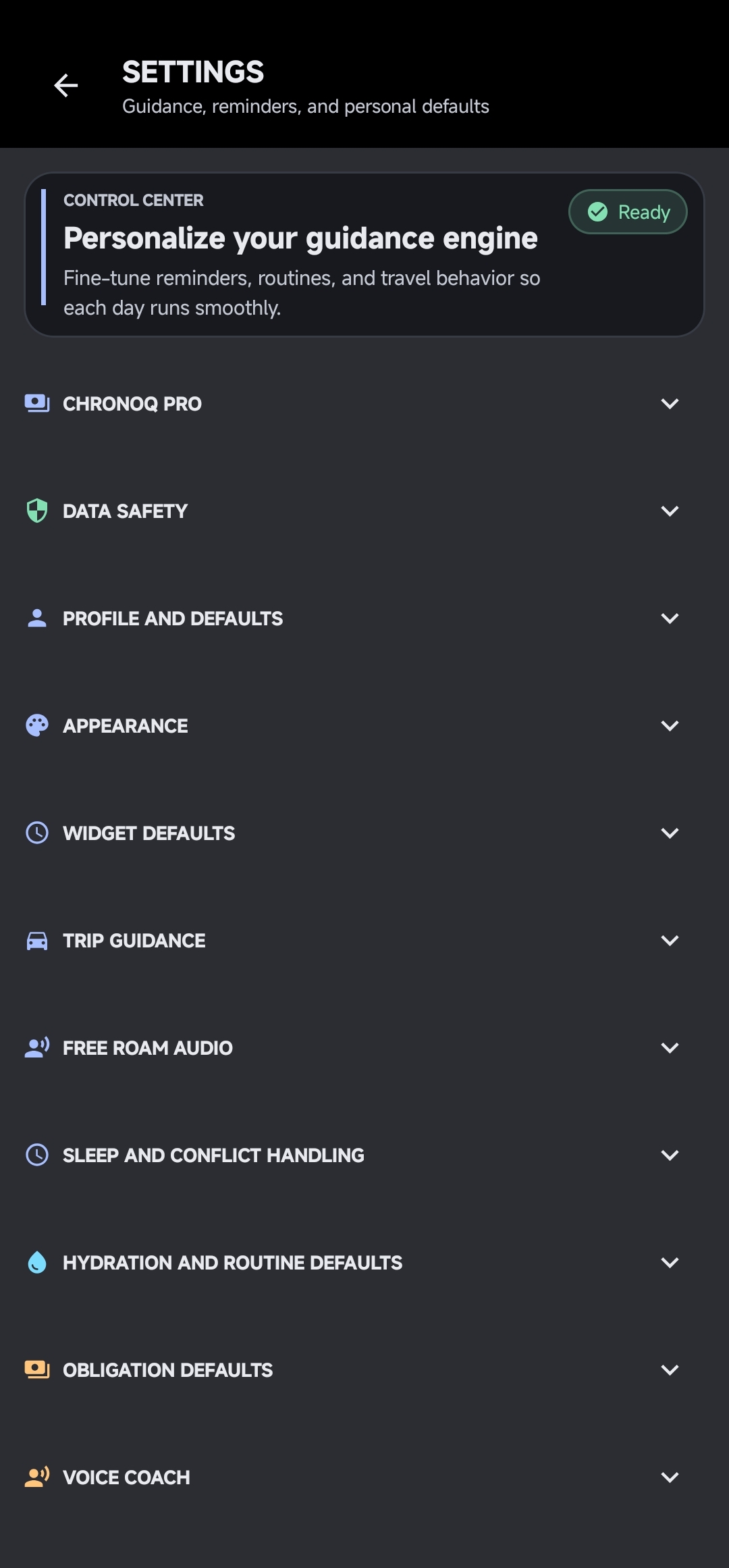 ChronoQ settings screen